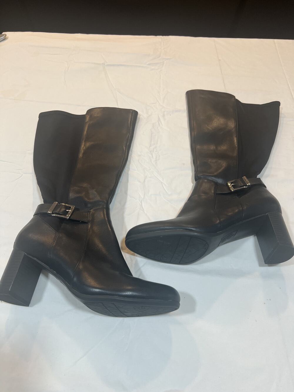 Abella Megan WC Women's 7.5M Wide Calf Black Faux Leather Buckle Boots